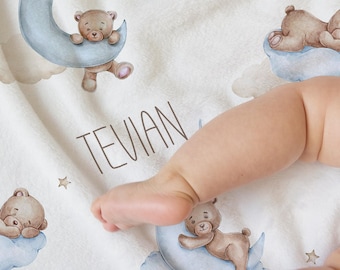Manta de bebé Minky personalizada con osito de peluche / Decoración para habitación infantil con luna y estrellas