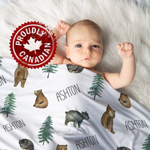 Personalized Woodland Bear animal jersey swaddle blanket | Baby boy receiving blanket | Baby shower gift
