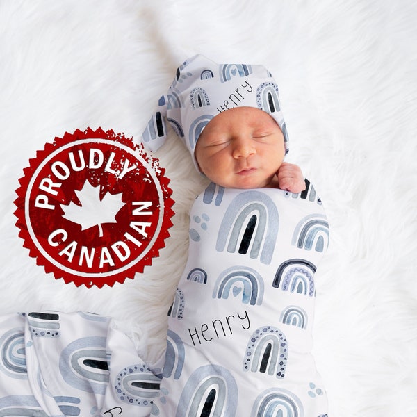 Personalized boho modern rainbow jersey swaddle in light blue, navy and gray | Baby boy receiving blanket | Baby shower gift | Name Blanket