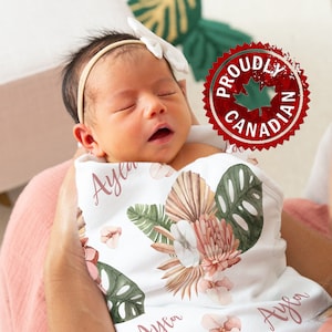 Personalized boho tropical floral palm jersey swaddle blanket | Baby girl receiving blanket | Baby shower gift | Minky Name Blanket