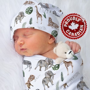 Personalized jungle safari animal jersey swaddle blanket set | Baby boy receiving blanket | Baby shower gift | Name Blanket for kids