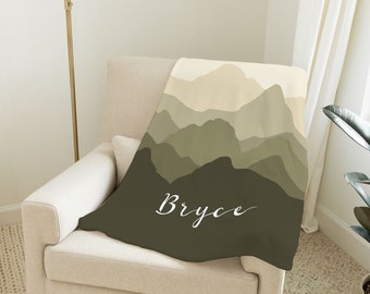 Personalized Mountain Baby Blanket | Olive Green Adventure Nursery Decor