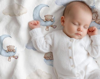 Manta de bebé personalizada con osito de peluche / Luna y estrellas en acuarela Minky