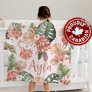 Baby Girl personalized boho, tropical, floral baby blanket - Neutral flower baby bedding - Buttery soft minky name blanket