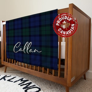 Scottish Blackwatch Tartan Baby Blanket in navy and green plaid | Personalized Stroller Blanket | Name blanket for kids