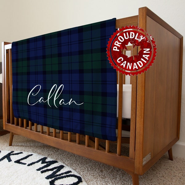 Personalized Scottish Blackwatch Tartan Baby Blanket in navy and green plaid | Stroller Blanket