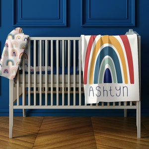 Buttery soft minky! Personalized modern boho abstract rainbow baby blanket in blue and gray
