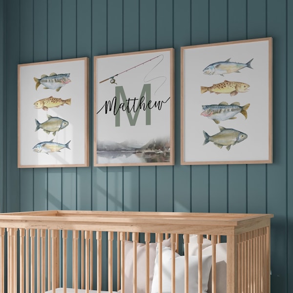Set de 3 láminas personalizadas con temática de pesca para la habitación del bebé / Decoración personalizada para la habitación infantil