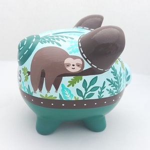 Sloth Personalized Piggy Bank in Aqua and Brown | Jungle piggy bank | Hand Painted
