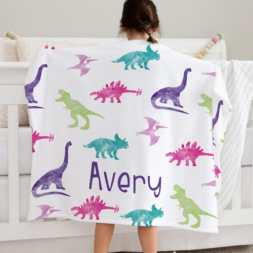 Personalized Dinosaur Blanket Watercolor Dino Baby Girl Etsy
