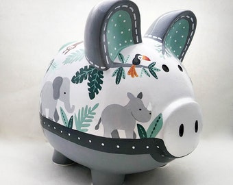 Jungle  Personalized Piggy Bank in grey, green and mustard yellow | baby gift idea | hand painted