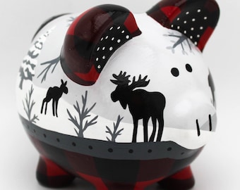 Buffalo Plaid Lumberjack Nursery Moose Piggy Bank in Red, Black and Grey