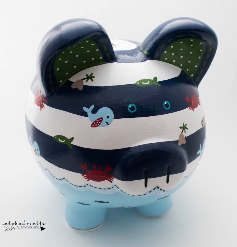 Nautical Sailboat Personalized Piggy Bank in Navy Red and Etsy Canada