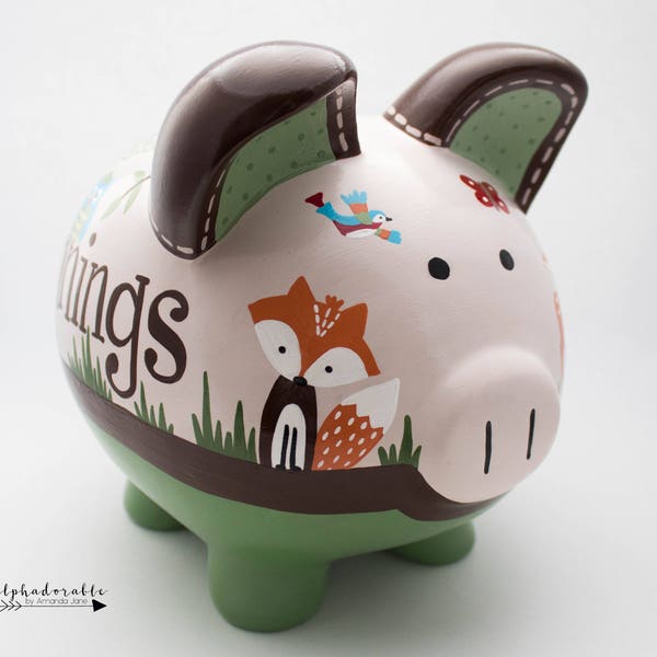 Woodland Personalized Piggy Bank in Green and Brown with Fox, Deer, Owl and Hedgehog