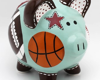 Personalized Piggy bank, Vintage Sports, hand painted ceramic piggy bank ~ Aqua blue Soccer, football, basketball