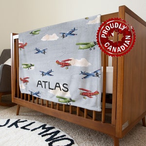 Vintage airplane baby blanket with planes | Personalized blanket for kids | Buttery soft minky name blanket | Aviation nursery decor