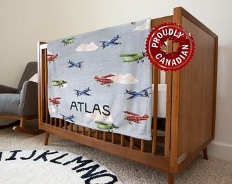 Personalized Airplane Baby Blanket | Watercolor Aviation Nursery Decor