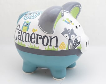 Spersonalizowana skarbonka z leśnym zwierzęciem, ręcznie malowana dekoracja pokoju dziecięcego