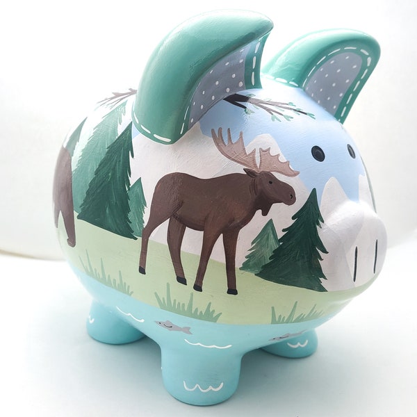 Woodland Mountain Personalized Piggy bank with moose, bear, deer, fish | Fishing and Forest Scene