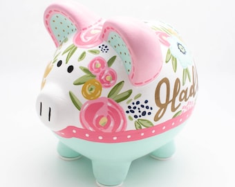 Floral Fields Personalized Piggy Bank in Pink, Mint, Navy, Coral and Mustard with Gold Lettering