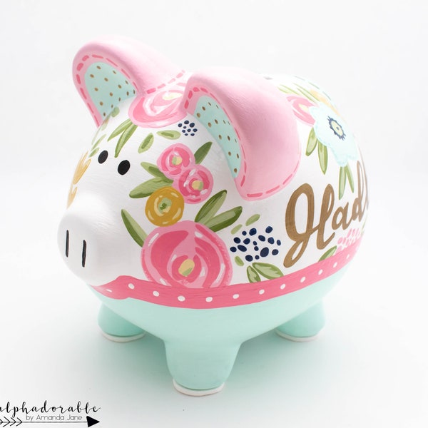 Floral Fields Personalized Piggy Bank in Pink, Mint, Navy, Coral and Mustard with Gold Lettering