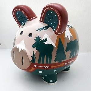 Earth Tone Woodland Mountain Personalized Piggy bank with moose, bear, deer, fox silhouette | Rust, Green and Mustard Yellow