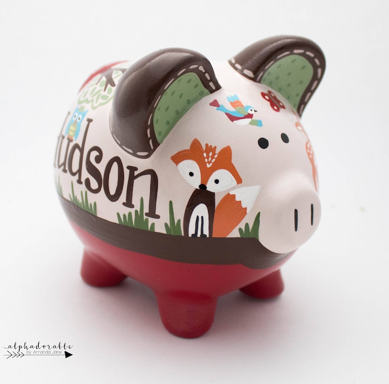 Woodland Personalized Piggy Bank in Red and Brown With Fox Etsy Canada