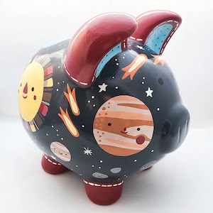Outer space ceramic personalized piggy bank | With planets, comets, asteroids and stars | Baby boy gift idea | hand painted