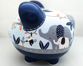 Salvadanaio con animali della giungla dipinto a mano, regalo personalizzato per neonati