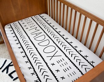 Lençol de berço personalizado para bebê | Tecido africano preto e branco