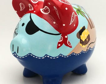 Pirate Bandana Piggy Bank in Blue, Navy, Red and Yellow