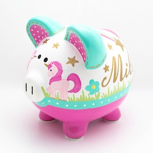 Rainbow unicorn Personalized Piggy bank in teal, pink and gold