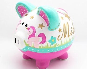 Rainbow unicorn Personalized Piggy bank in teal, pink and gold