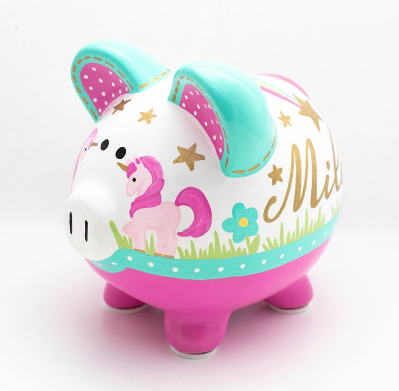 Rainbow Unicorn Personalized Piggy Bank in Teal Pink and Gold Etsy Canada