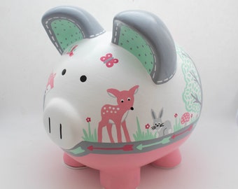 Spersonalizowana skarbonka z leśnym zwierzęciem, ręcznie malowana dekoracja pokoju dziecięcego z motywem leśnym