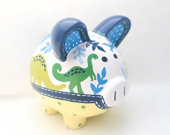 Hucha personalizada con forma de dinosaurio de la jungla, decoración de cerámica pintada a mano para habitación infantil.