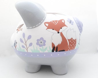 Forest Animal Woodland Personalized Piggy bank with Fox, bunny and birds