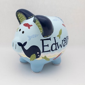 Jackson Whale, Artisan hand painted ceramic personalized piggy bank - Nautical Ocean Themed