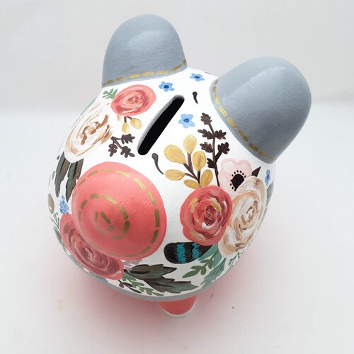 Coral and Grey Vintage Floral Personalized Piggy Bank shops