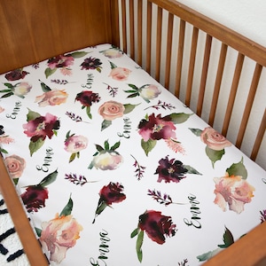 Burgundy floral personalized baby girl crib sheet in buttery minky | Dark pink and green flowers | Crib sheet with name | mini crib sheet