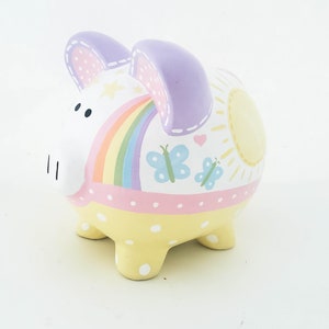 Rainbow sun and moon Personalized Piggy bank in yellow, lavender and pink | Hand Painted