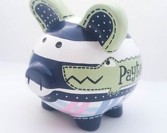 Alligator Madras Girl's Personalized Piggy Bank in Navy, pastel green and pink plaid