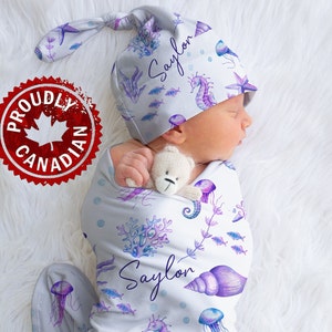 Personalized seahorse, jellyfish ocean jersey swaddle blanket | Baby girl receiving blanket | Nautical baby shower gift