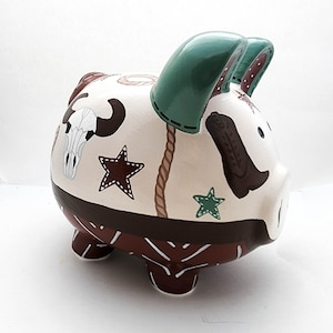 Earth Tone Boho Cowboy, Country Western Personalized Piggy Bank with bull skull, cowboy boots, and lasso