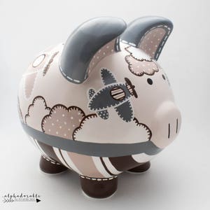 Kent Aviator Airplane Personalized Piggy Bank in Grey, Tan and Brown