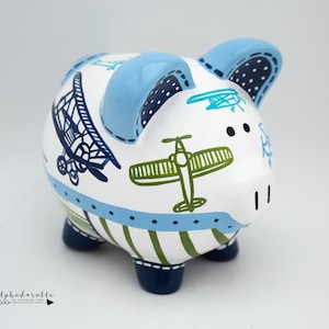 Jayce Planes Personalized Piggy bank in Blue and Green with Vintage Airplanes