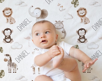 Watercolor Jungle Animal Baby Blanket | Personalized Minky Nursery Decor