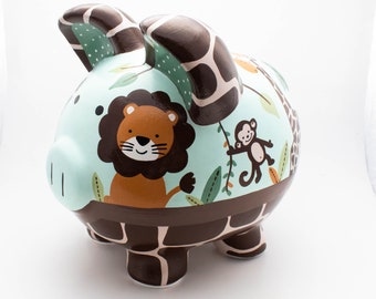 Jungle Friends Personalized Piggy Bank with Lion, Monkey, Elephant and Zebra in Aqua and Brown