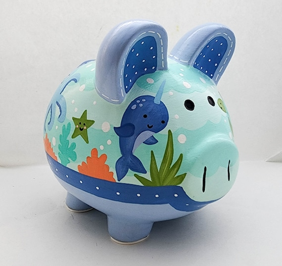 Ocean Themed Personalized Piggy Bank in Blue and Coral Whale, Jellyfish,  Fish, Turtle Shark Sea Creature Nursery Decor -  Canada