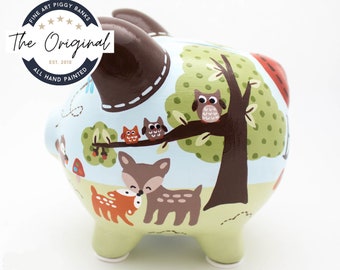Woodland Tales Personalized Piggy bank with Fox, Deer, Owl, and Squirrel Forest Scene